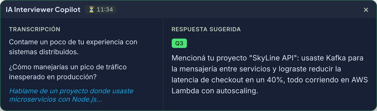 Panel flotante de AI Interviewer Copilot con transcripcion y respuesta sugerida