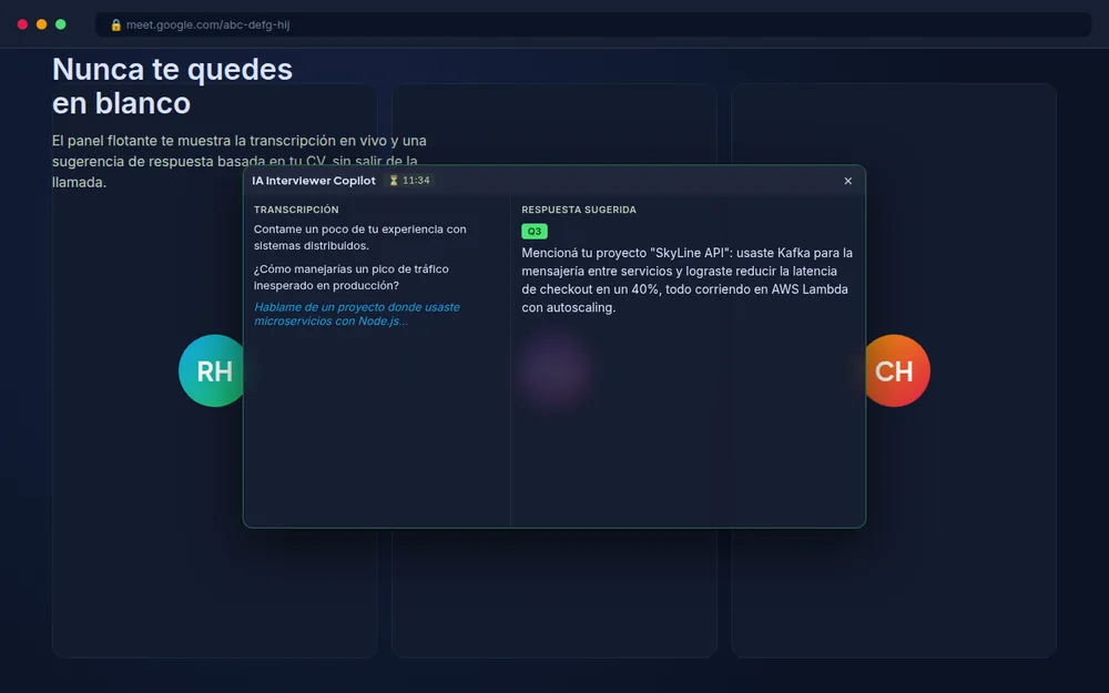 Panel flotante con transcripción y respuesta sugerida