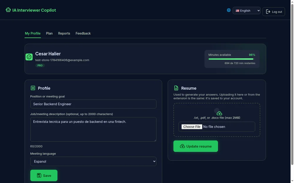 Perfil con CV y datos de la reunión cargados